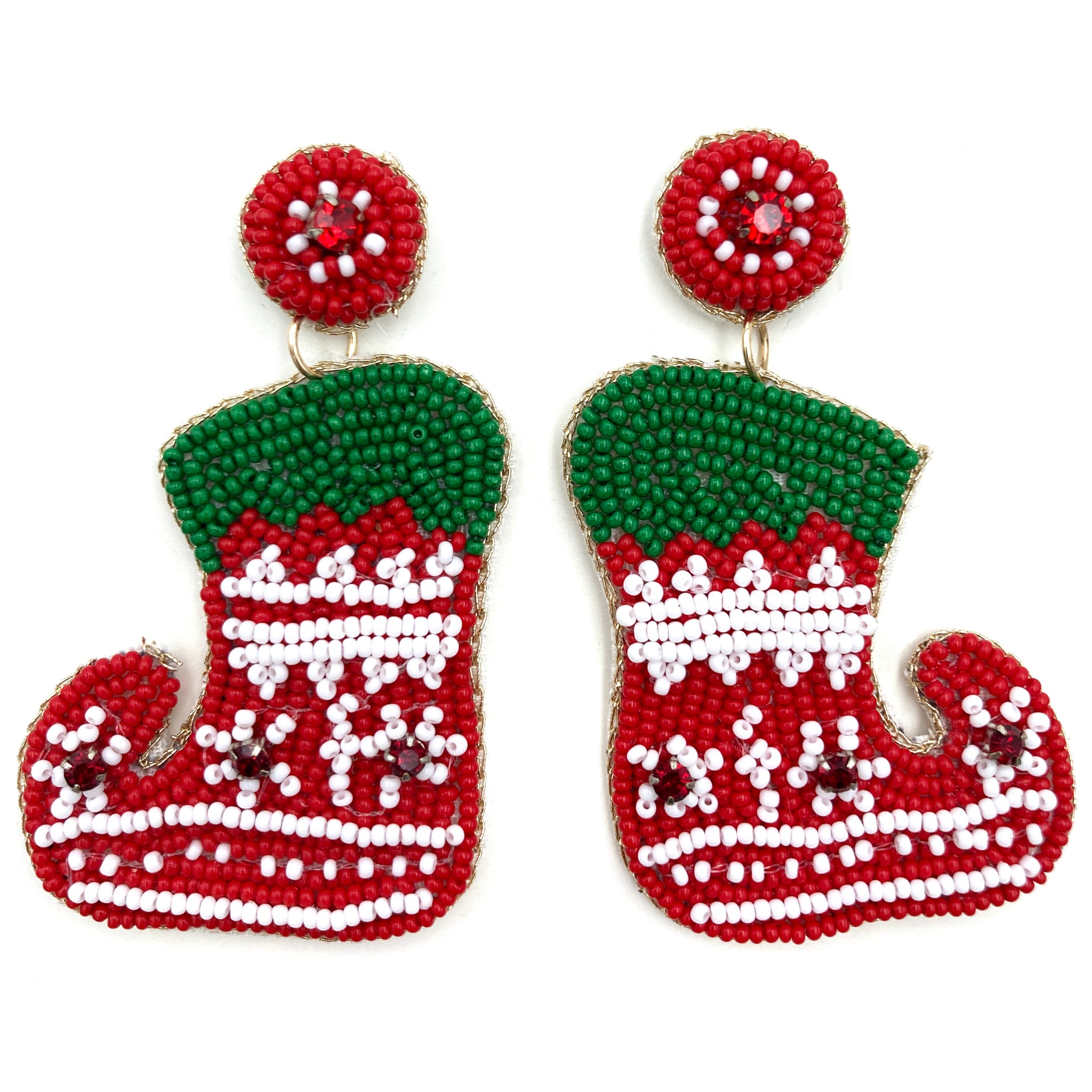 Christmas Elf Shoes Stocking Seed Bead Post Dangle Earring