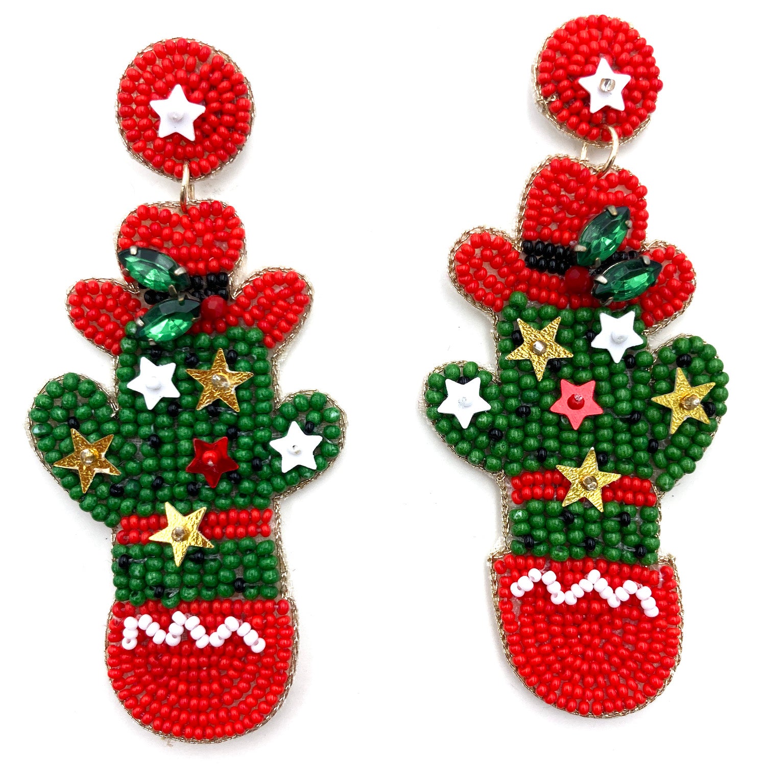 Christmas Decorated Cactus Seed Bead Post Dangle Earring