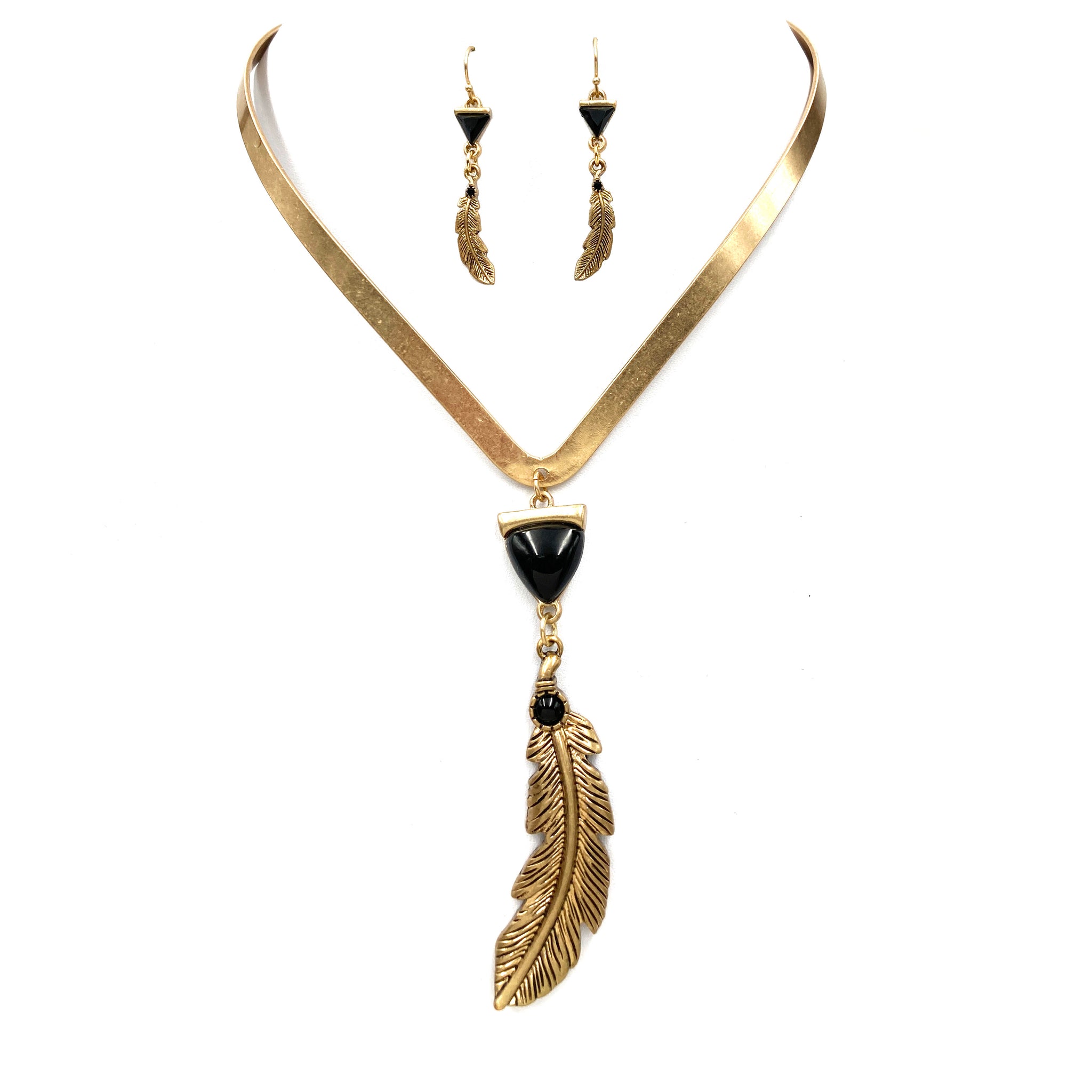 Bohemian Feather Charm Black Stone Choker Necklace Earrings Set