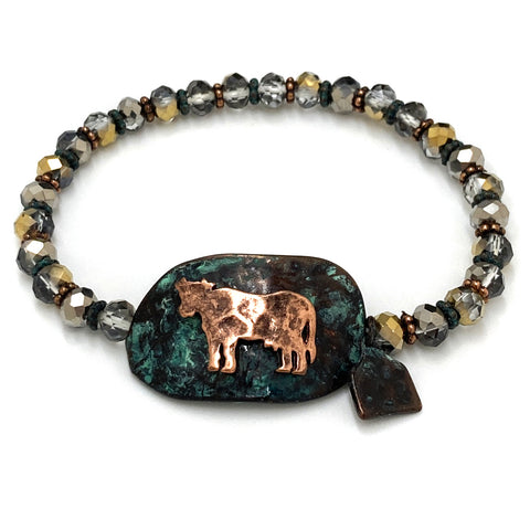 Farm Animal Cow Crystal Beaded Stretch Bracelet