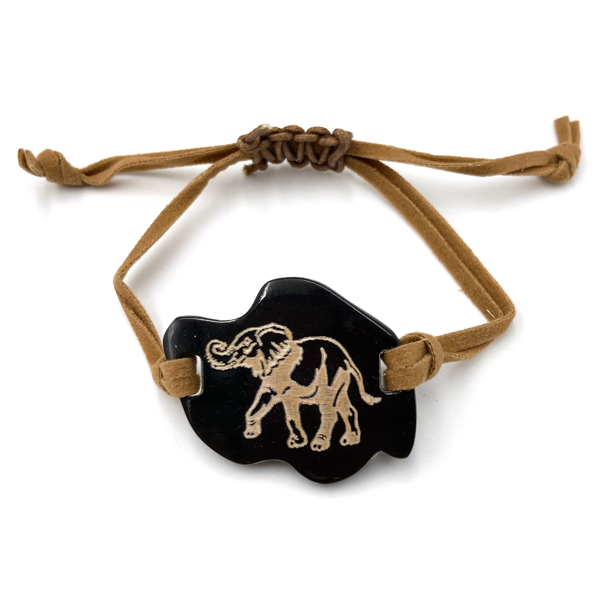 Elephant Carved Horn Suede Strand Pull Bracelet