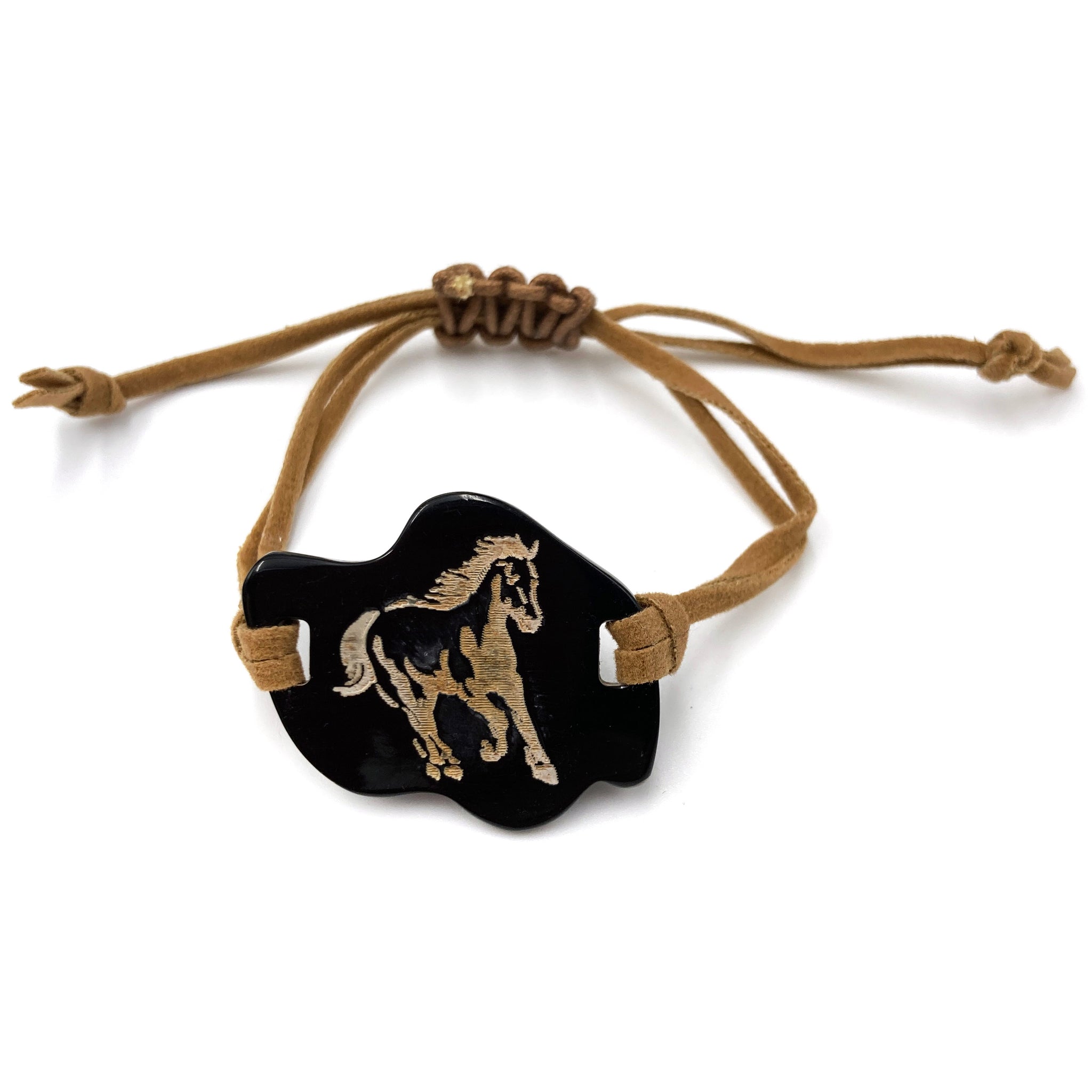 Horse Carved Horn Suede Strand Pull Bracelet