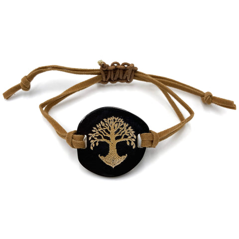 Tree Of Life Carved Horn Suede Strand Pull Bracelet