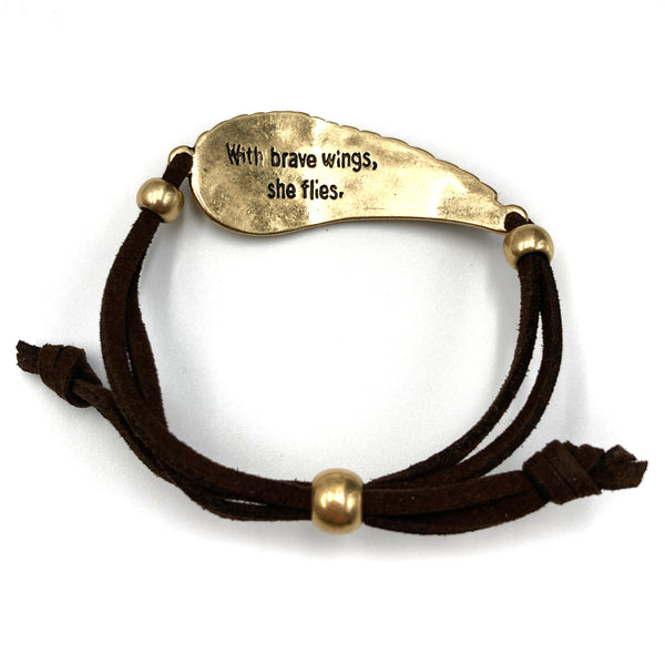 Be Brave Wing Inscription Suede Pull Bracelet