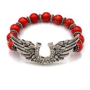 Horseshoe Angel Wing Red Bead Stretch Bracelet