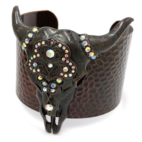 Longhorn Skull Bohemian Rhinestone Western Wide Cuff Bracelet