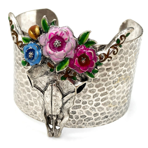 Longhorn Skull Bohemian Flowers Western Wide Cuff Bracelet