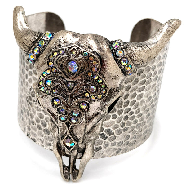 Longhorn Skull Bohemian Rhinestone Western Wide Cuff Bracelet