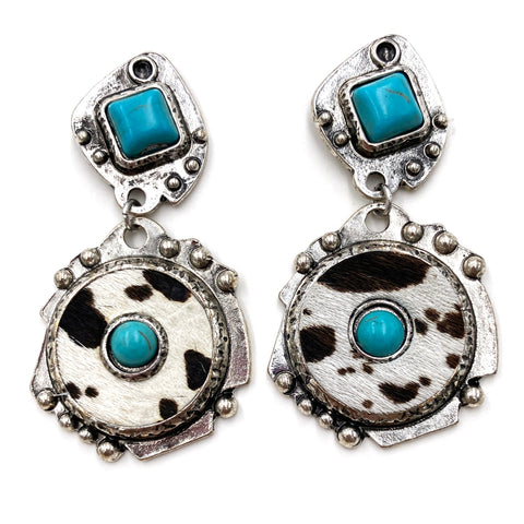 Western Style Turquoise Stone Cow Print Hook Dangle Earrings