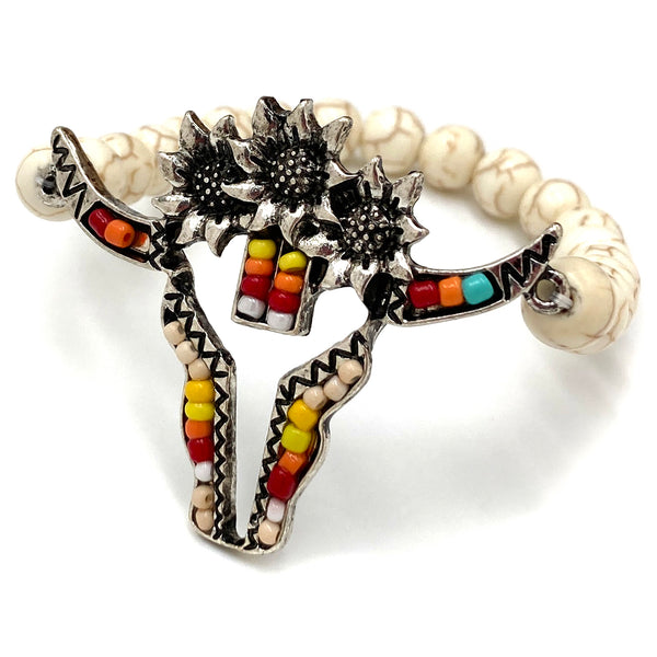 Longhorn Seed Bead Flower Southwestern Bohemian Stretch Bracelet