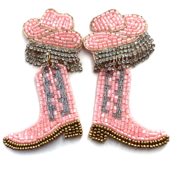 Homecoming Cowboy Hat Boots Party Rhinestone Seed Bead Post Dangle Earring