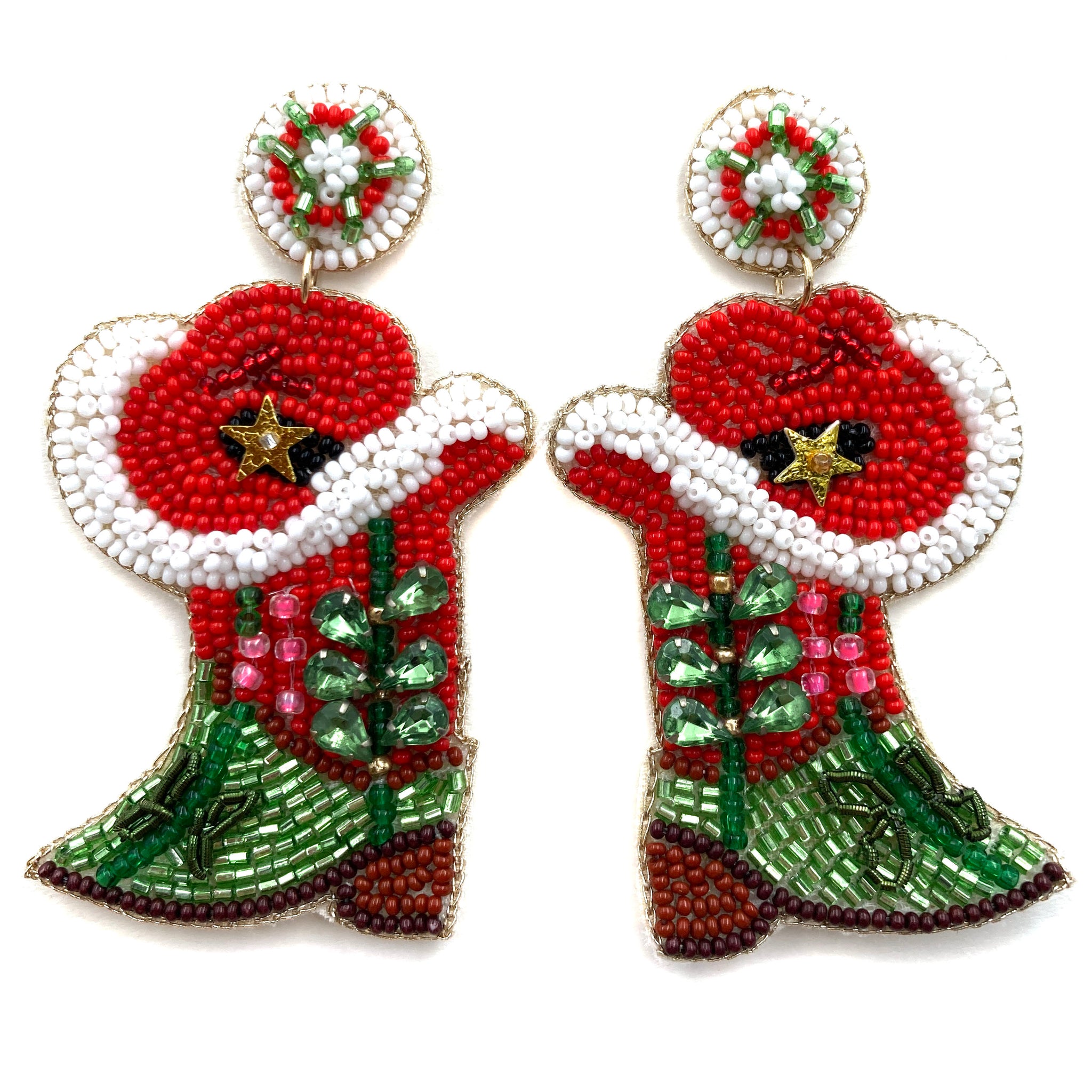 Christmas Cowboy Hat Boots Seed Bead Post Dangle Earring