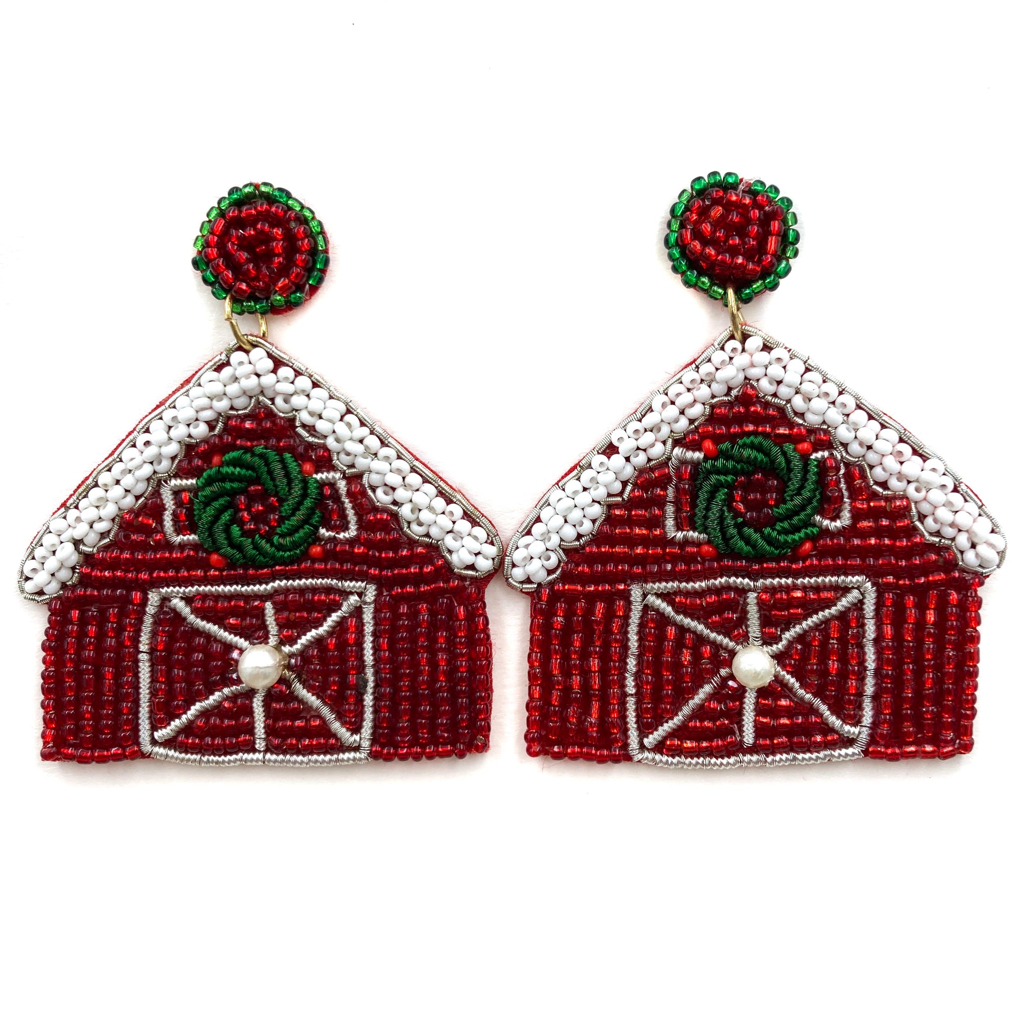 Christmas Red Barn Seed Bead Post Dangle Earring