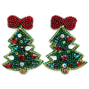 Christmas Tree Red Ribbon Seed Bead Post Dangle Earring