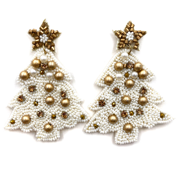 Christmas Tree Star Pearl Ornaments Seed Bead Post Dangle Earrings