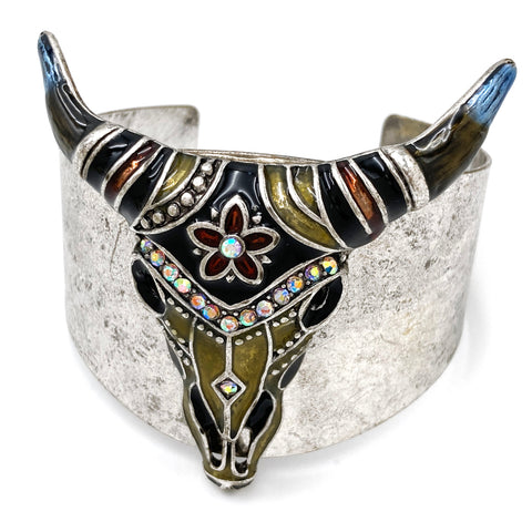 Black Gold Rhinestone Longhorn Steer Western Wide Cuff Bracelet