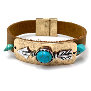 Native Turquoise Stone Arrow Pu Leather Wrap Bracelet