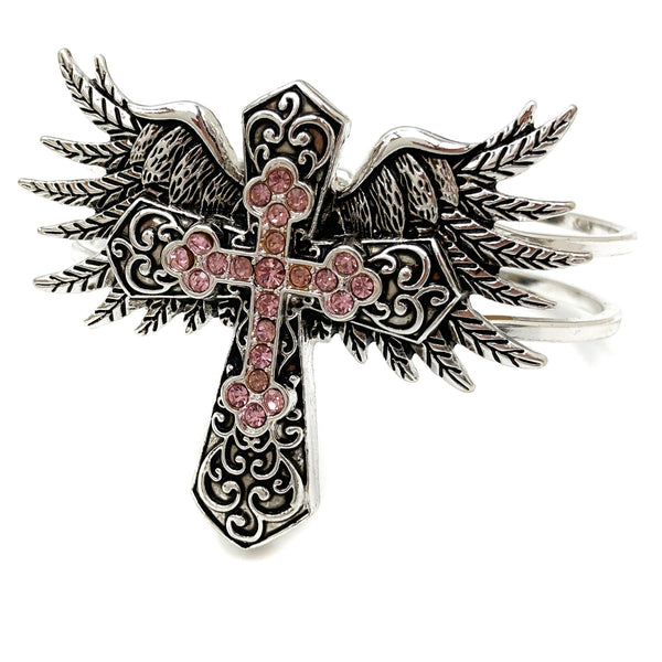 Angel Wing Large Cross Rhinestone Western Hinged Bangle