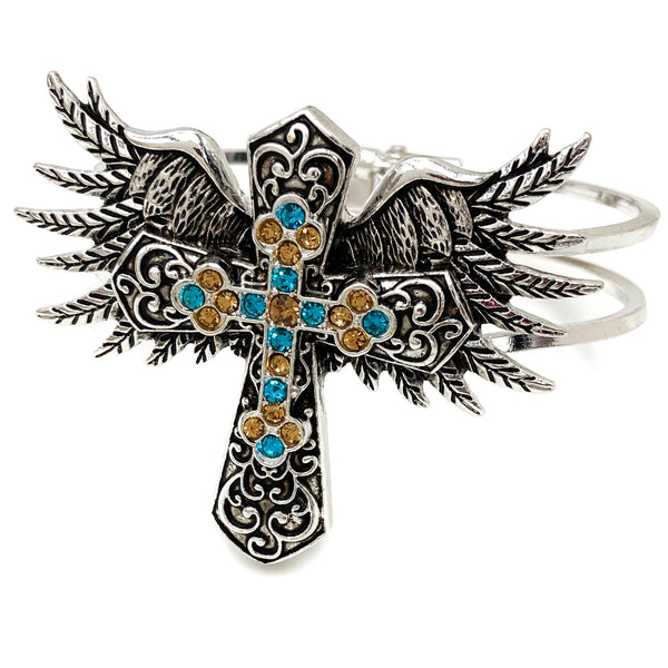 Angel Wing Large Cross Rhinestone Western Hinged Bangle