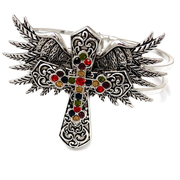 Angel Wing Large Cross Rhinestone Western Hinged Bangle