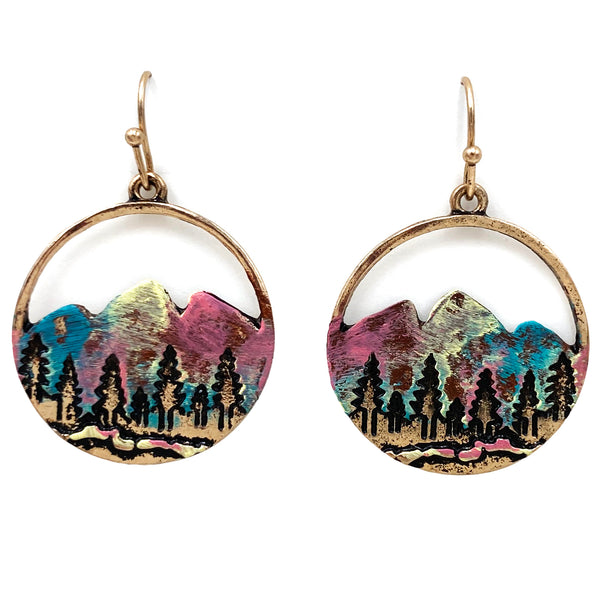 Patina Gold Wilderness Mountain Cutout Hook Dangle Earrings