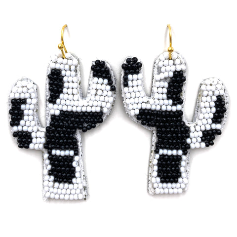 Holstein Cow Print Seed Beaded Cactus Dangle Earring