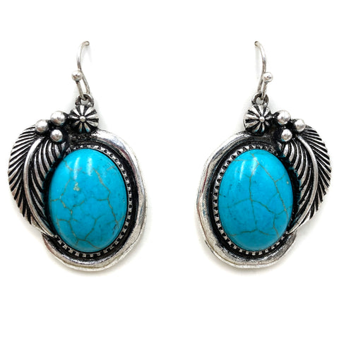 Turquoise Stone Feather Western Earring