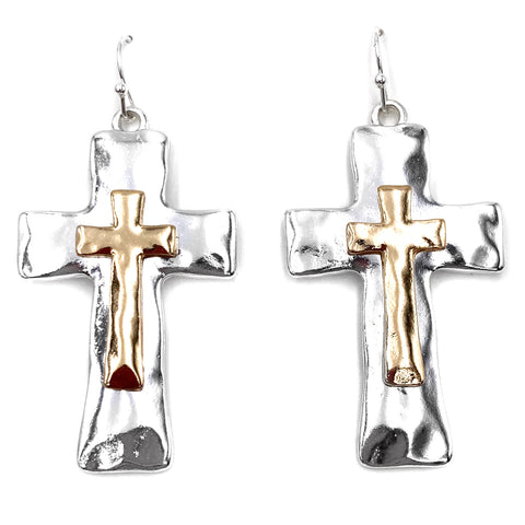 Layered Cross Silver Gold Dangle Earring