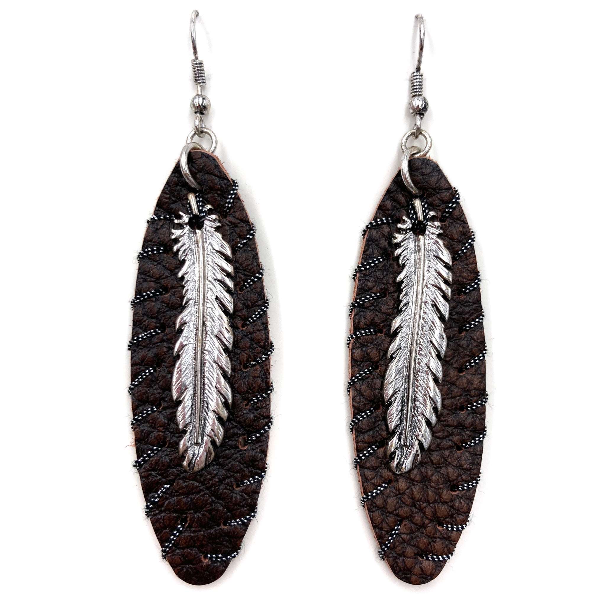 Brown Leather Back Feather Dangle Earring