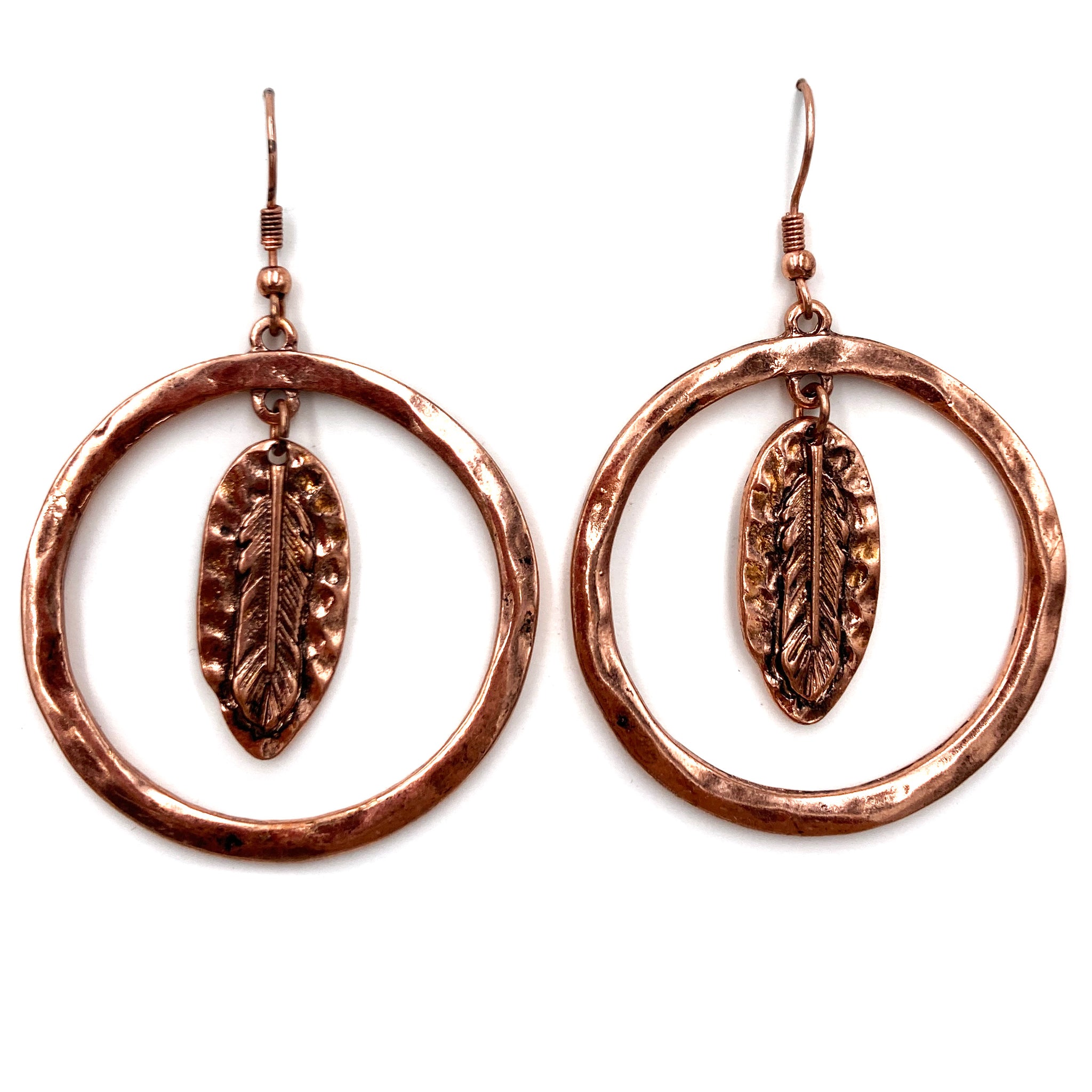 Copper Hoop Circle Dangle Feather Earring