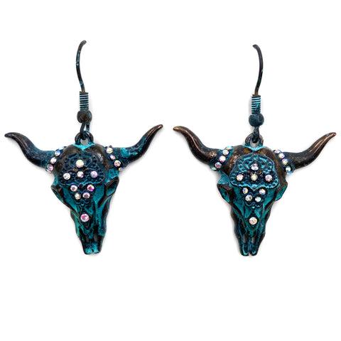 Western Patina Longhorn Rhinestone Dangle Earring