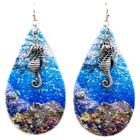 Seahorse Charm Ocean Picture Large Dangle Earring