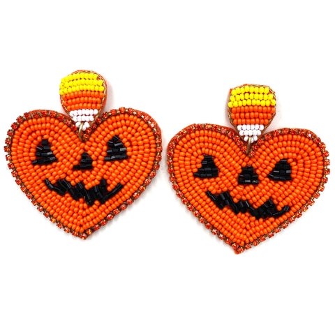 Halloween Jack O Lantern Heart Seed Bead Post Dangle Earring