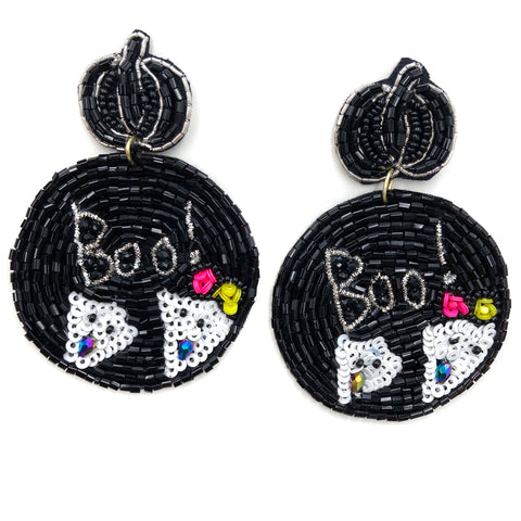 Halloween Ghost BOO Black Seed Bead Post Dangle Earring