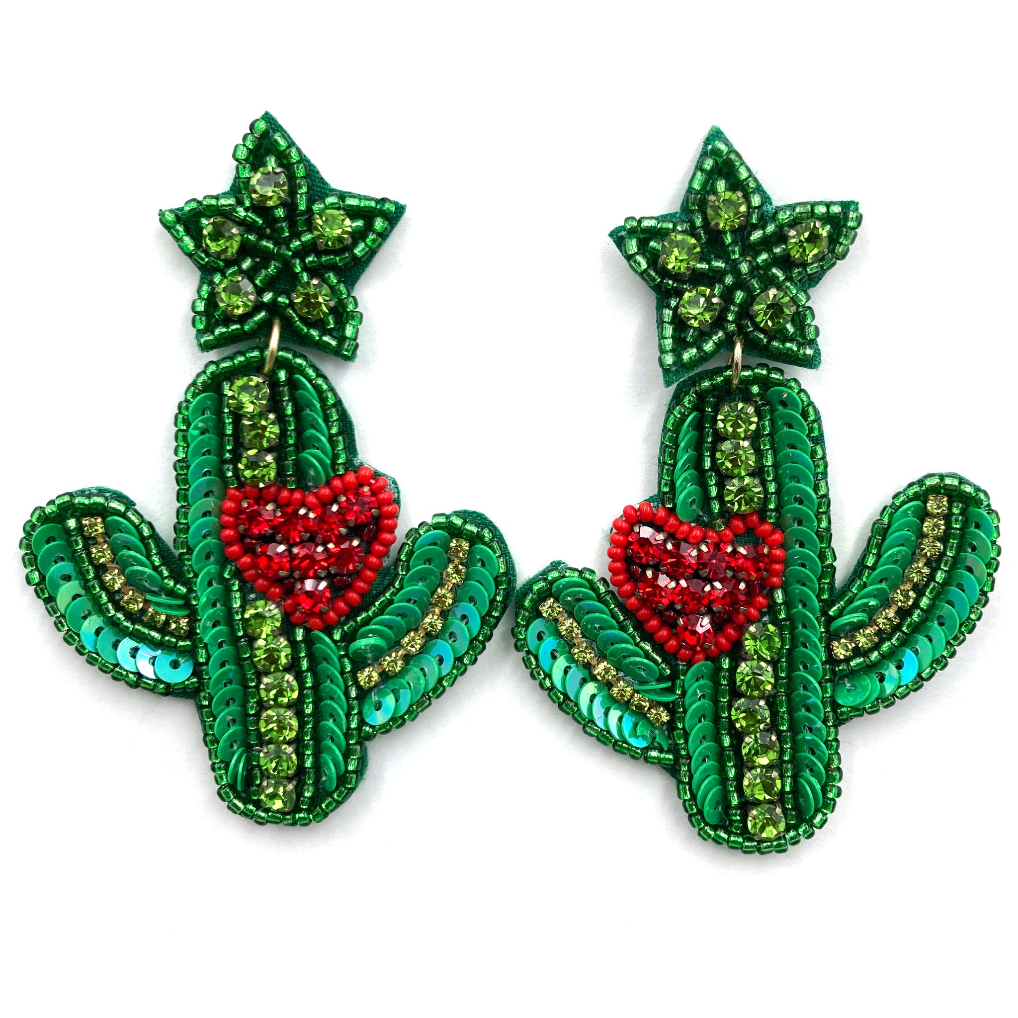 Cactus Heart Sequin Star Seed Bead Post Dangle Earring