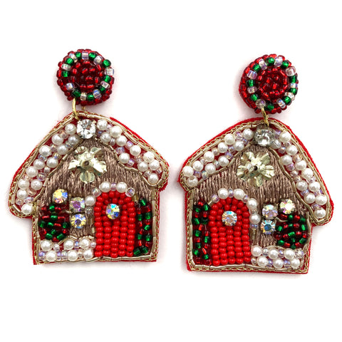 Christmas Gingerbread House Seed Bead Post Dangle Earring