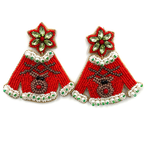 Christmas Ugly Sweater Reindeer Seed Bead Post Dangle Earring