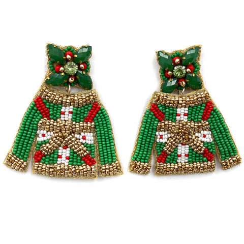 Christmas Ugly Sweater Present Seed Bead Post Dangle Earring