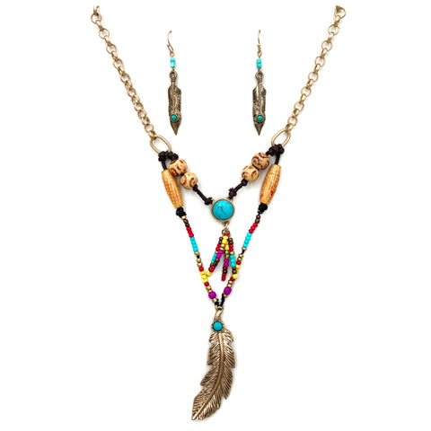 Feather Seed Beaded Native Bohemian Necklace Earring Set