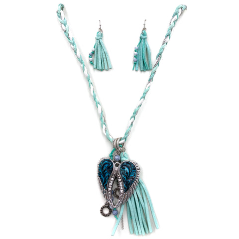 Angel Wing Suede Tassel Rope Necklace Earring Set