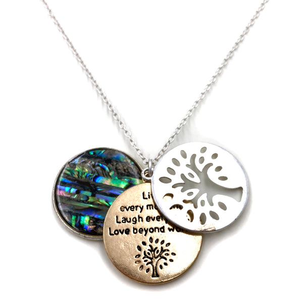 Three Tree Of Life Live Laugh Love Pendant Necklace