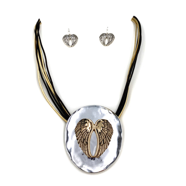 Angel Wing Plated Pendant Strand Necklace Earring Set