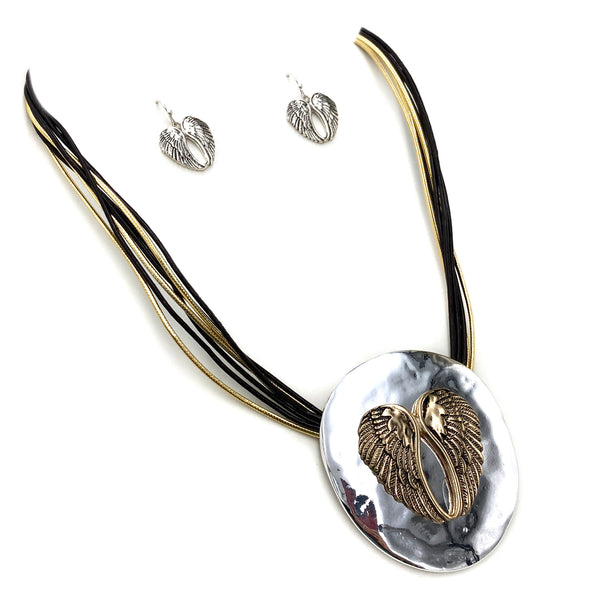 Angel Wing Plated Pendant Strand Necklace Earring Set