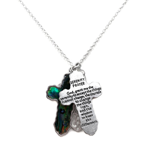 Three Cross Serenity Prayer Pendant Necklace