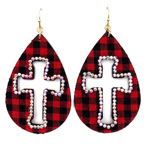 Checkered Plaid Print Cross Cutout Rhinestone Dangle Earrings