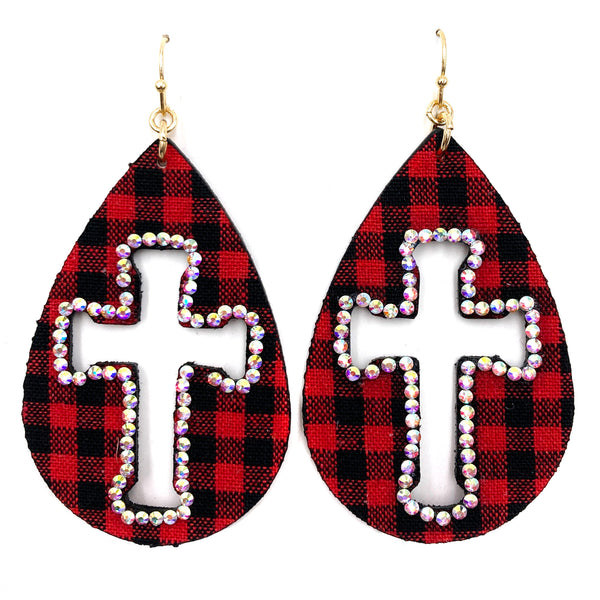 Checkered Plaid Print Cross Cutout Rhinestone Dangle Earrings