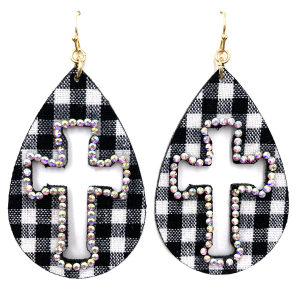 Checkered Plaid Print Cross Cutout Rhinestone Dangle Earrings