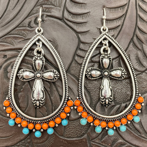 Cross In Teardrop Cut Out Western Navajo Dangle Earrings