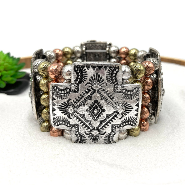 Metal Cross Western Native Chunky Stretch Bracelet