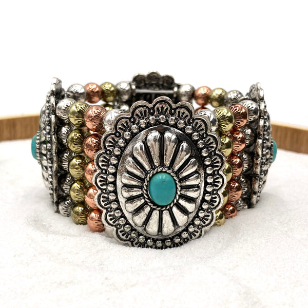 Metal Concho Turquoise Western Native Chunky Stretch Bracelet